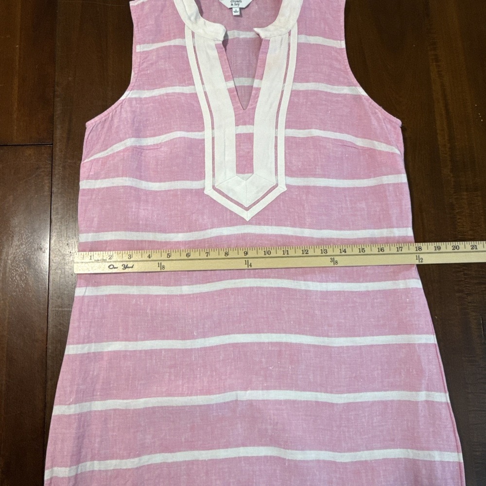Crown & Ivy 100% Linen Dress Size 4 Pink White Stripe Sleeveless Preppy Coquette - Picture 5 of 7